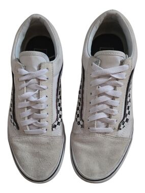 Vans White Low-Top Sneakers with Black Checkerboard Stripe. Womens Size 9.5